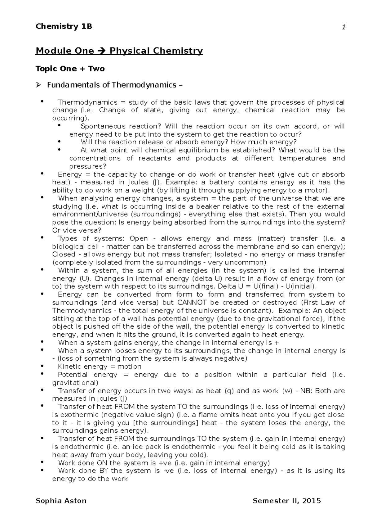 Chemistry 1B Notes - Chemistry 1 B M Odule One Physical Chemistry Topic ...