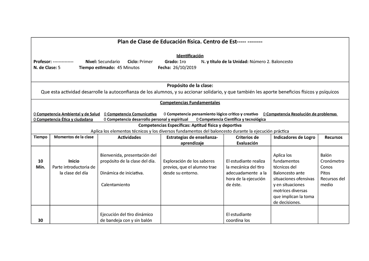 Planificación diaria de Educación Física de Baloncesto. Nivel Secundario -  Plan de Clase de - Studocu