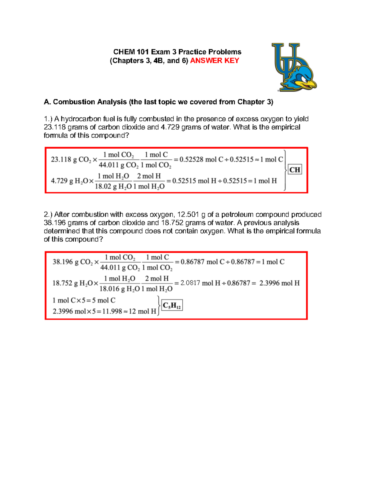 CHEM 101 Exam 3 Practice Problems KEY - CHEM 101 Exam 3 Practice ...