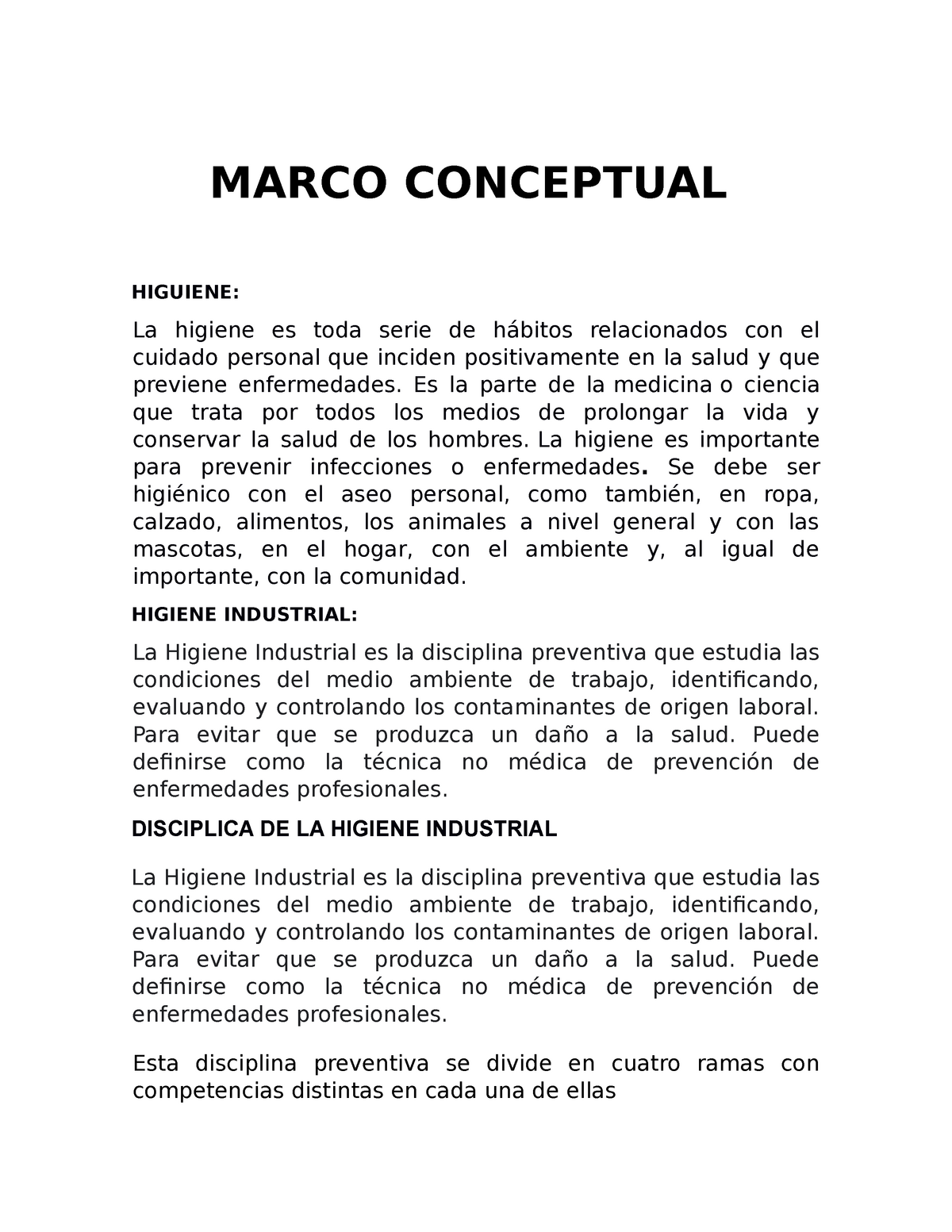 Marco Conceptual de fundamentos de la seguridad y salud en el trabajo - MARCO  CONCEPTUAL HIGUIENE: - Studocu