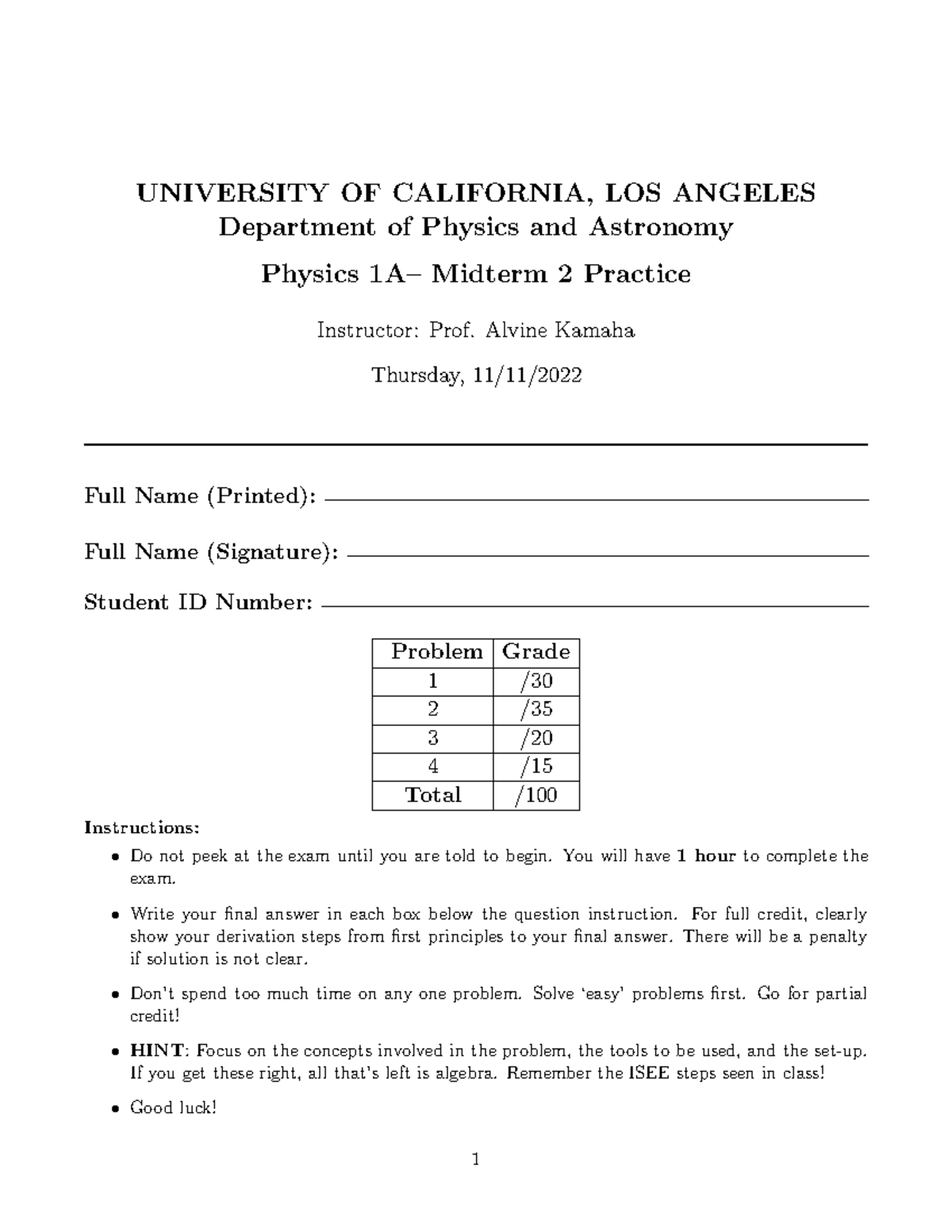 Physics 1A - Professor Bauer- Midterm 2 Practice - UNIVERSITY OF ...