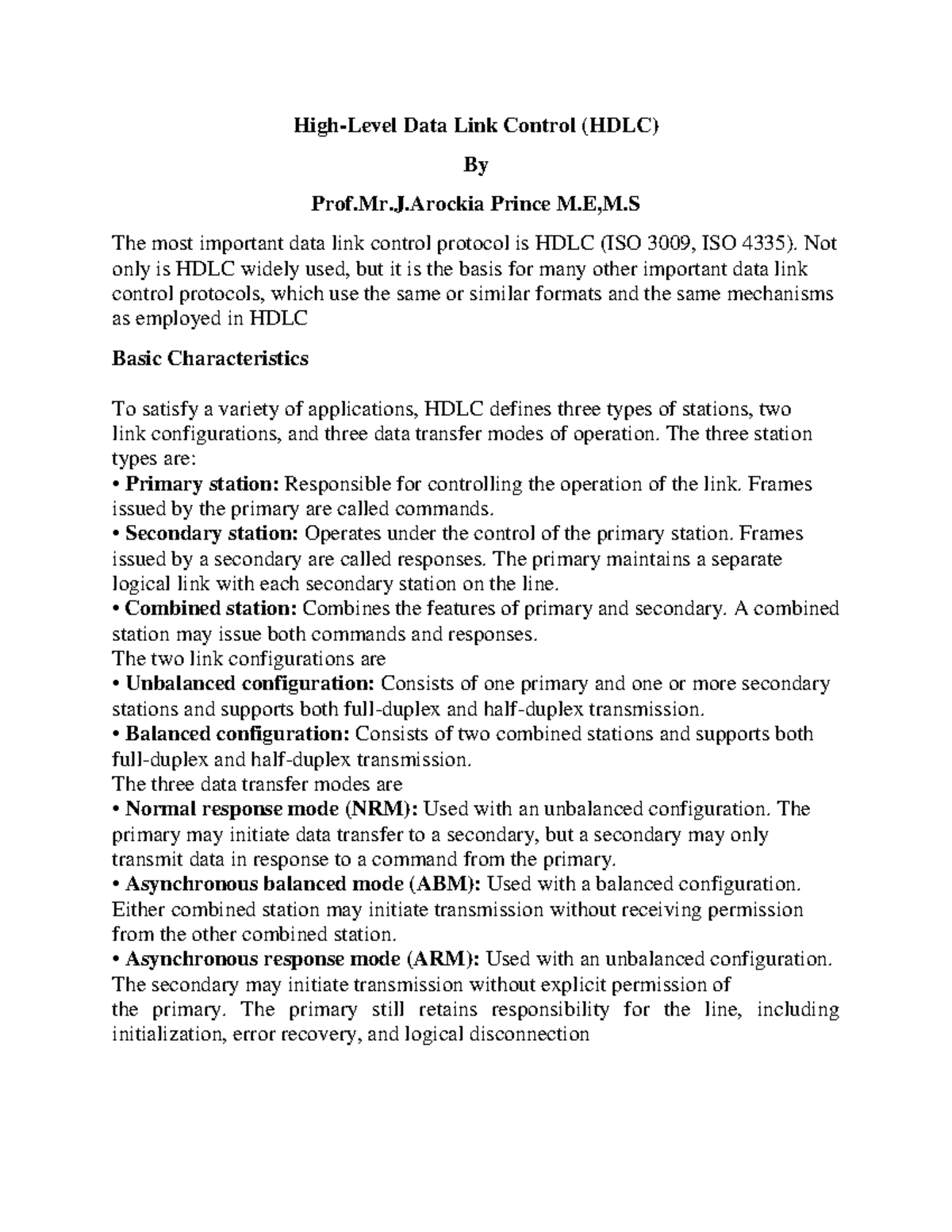 HDLC - Perfect notes - High-Level Data Link Control (HDLC) By Prof.Mr.J ...