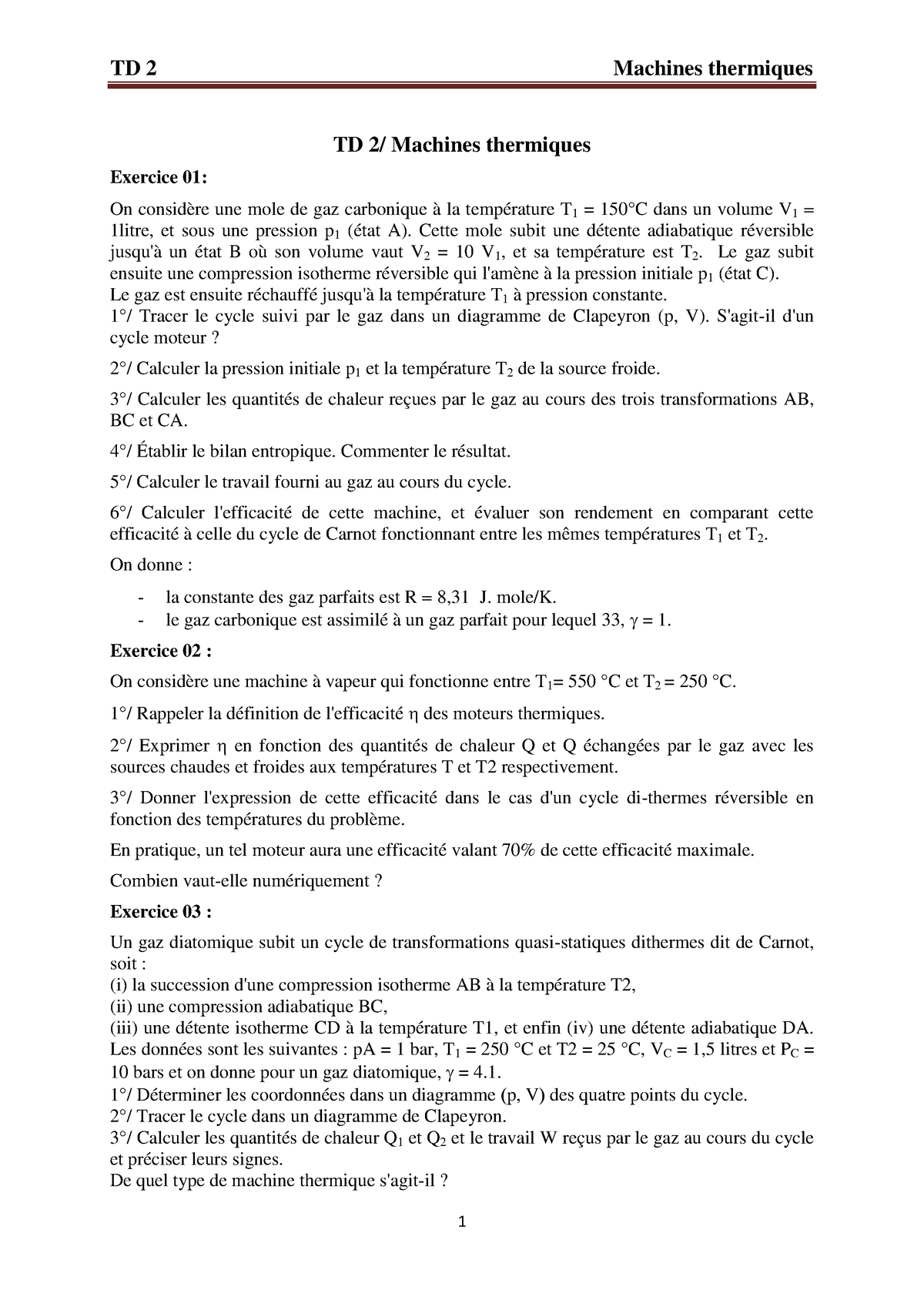 Aaa TD 2 Thermodynamique Appliquée - TD 2/ Machines Thermiques Exercice ...