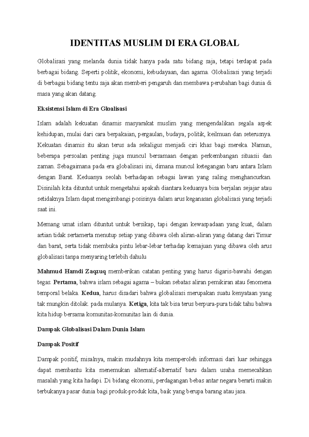 Menjaga Identitas Muslim dalam Membentuk Generasi yang Tangguh di Era Globalisasi