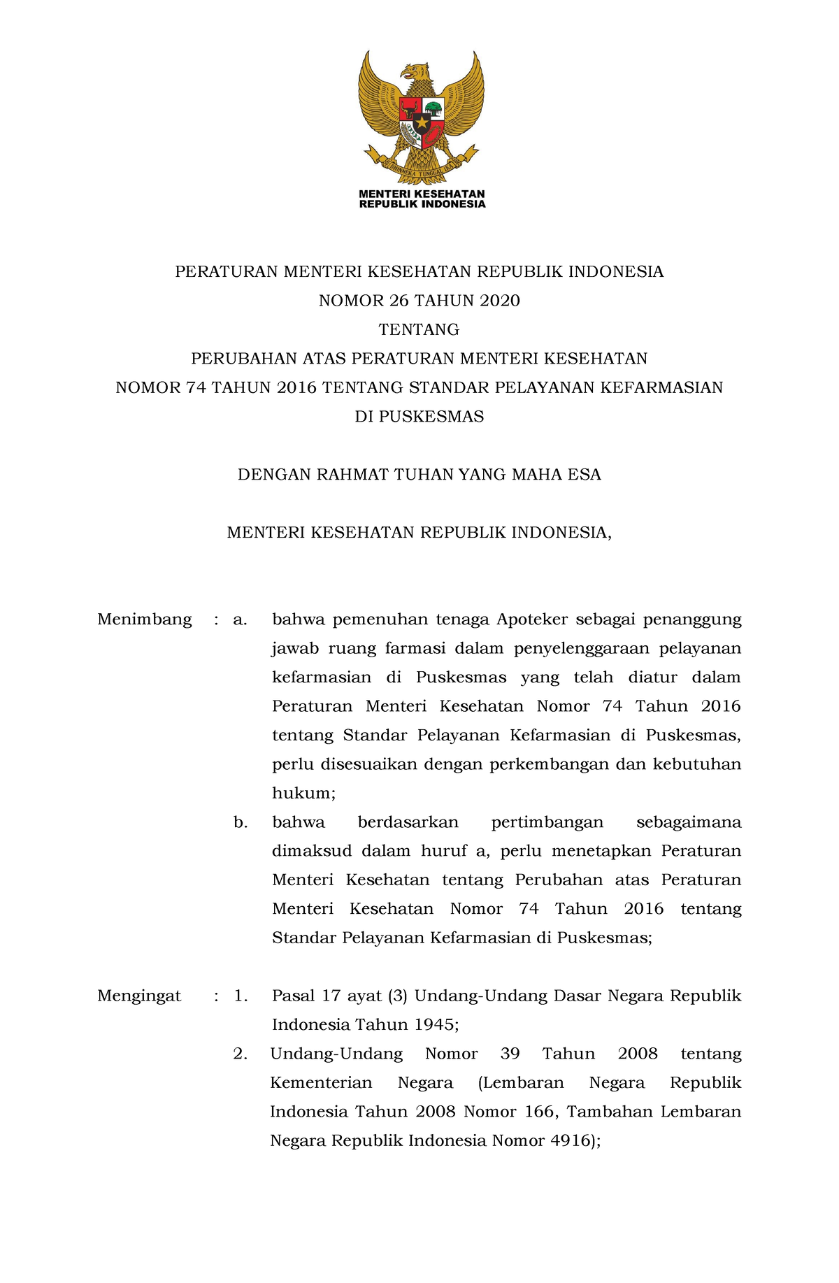 Permenkes No 26 Tahun 2020 - PERATURAN MENTERI KESEHATAN REPUBLIK ...