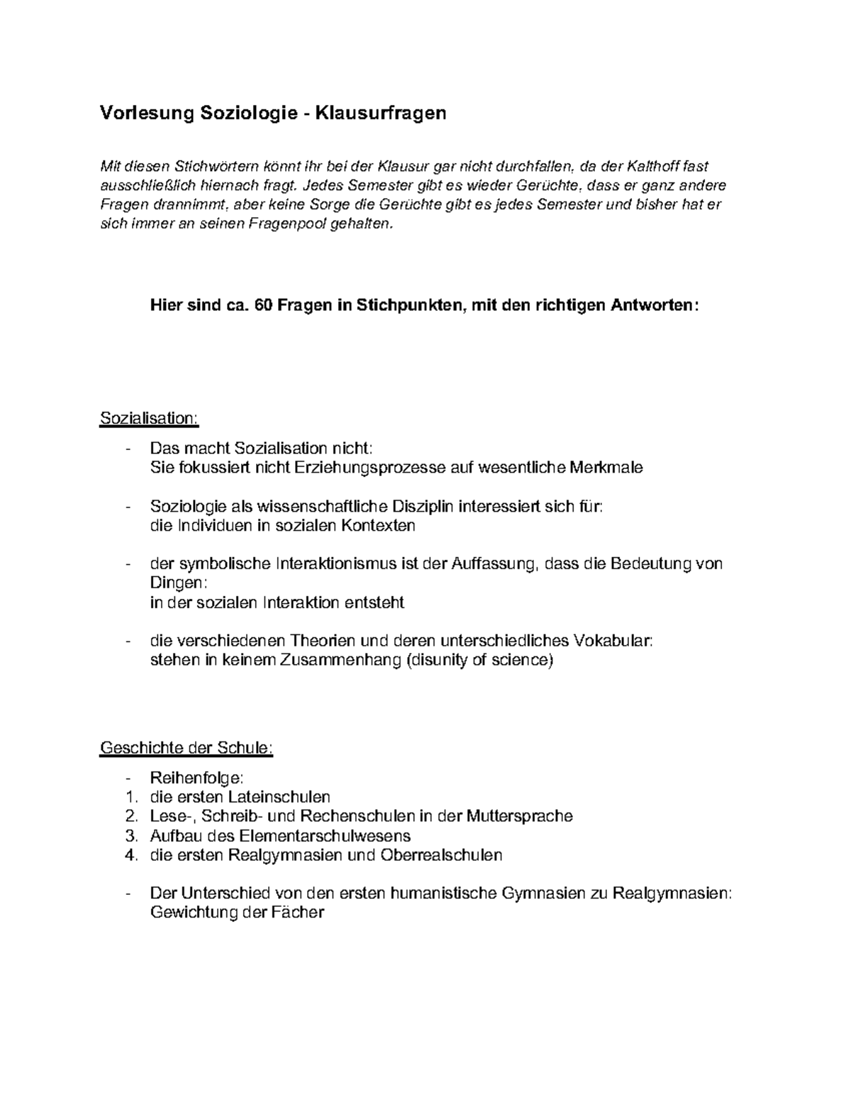 Soziologie Klausur - Fragen & Antworten - Vorlesung Soziologie ...
