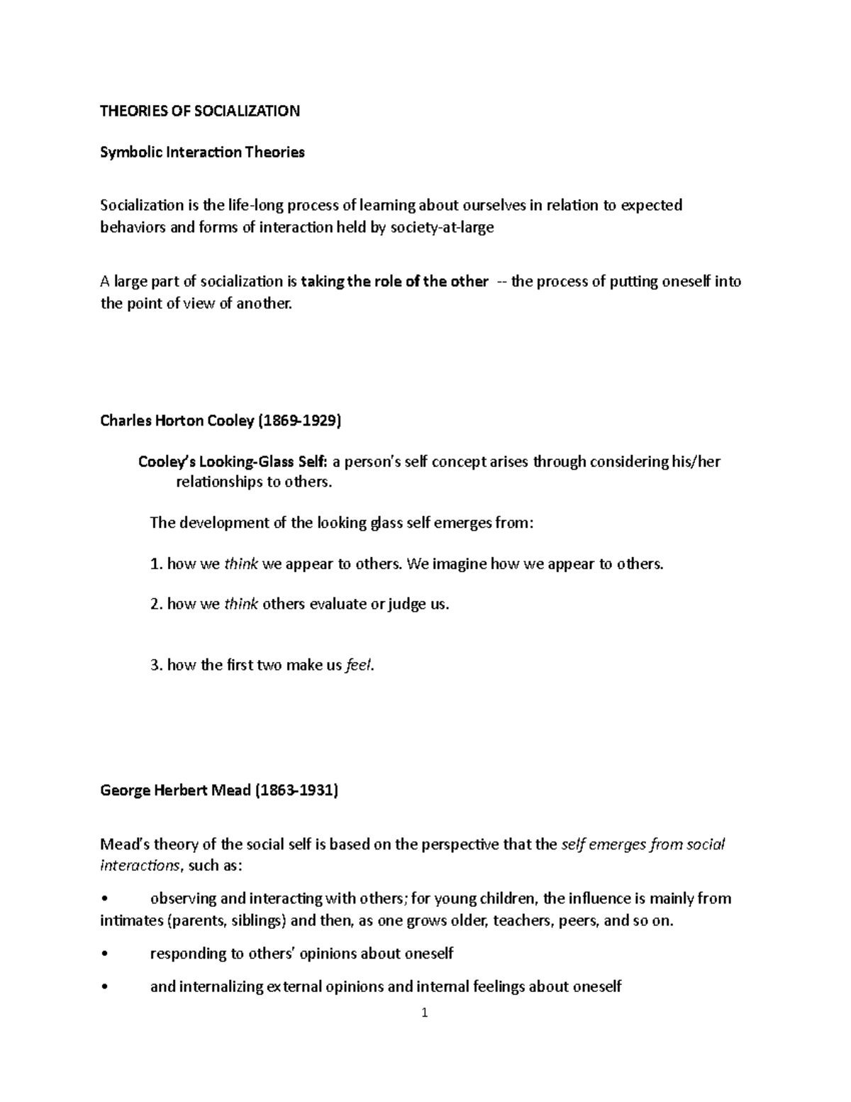 SOC 101 Lecture Outline Wednesday March 10 - THEORIES OF SOCIALIZATION ...