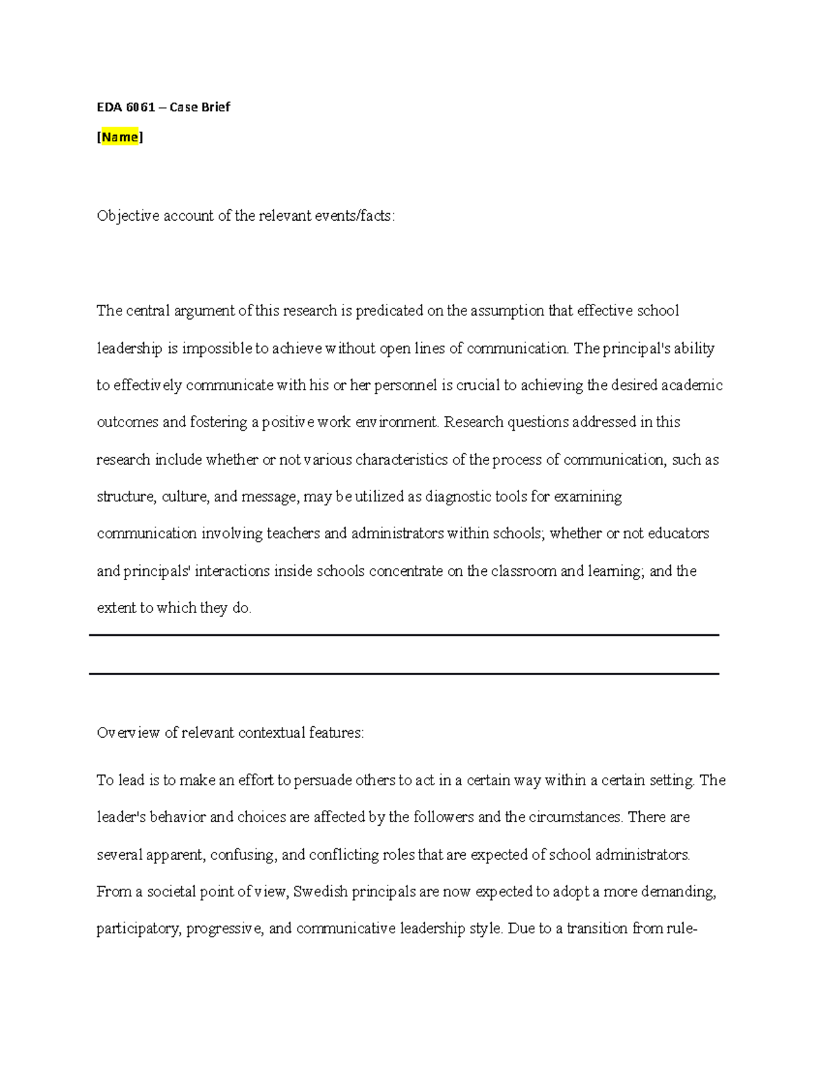 Case Briefs - Template - Case study - EDA 6061 – Case Brief [Name ...