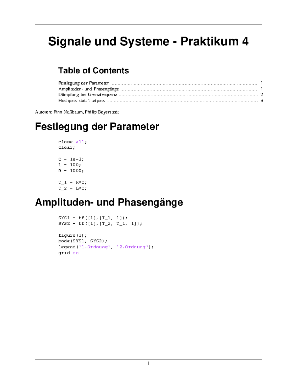 Ss1 Praktikum Aufgabe 4 - Table Of Contents Festlegung Der Parameter ...