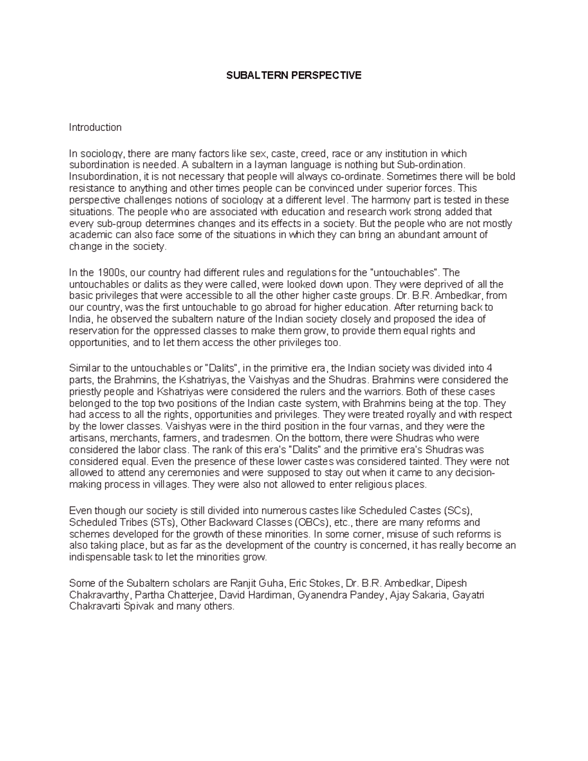 Subaltern Persrective - SUBALTERN PERSPECTIVE Introduction In sociology ...