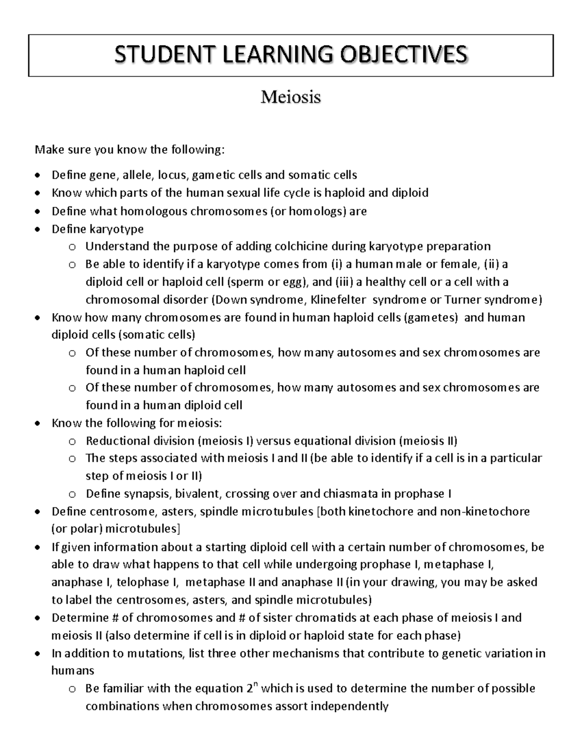 BISC 102 - Student Learning Objectives - Meiosis - STUDENT LEARNING ...