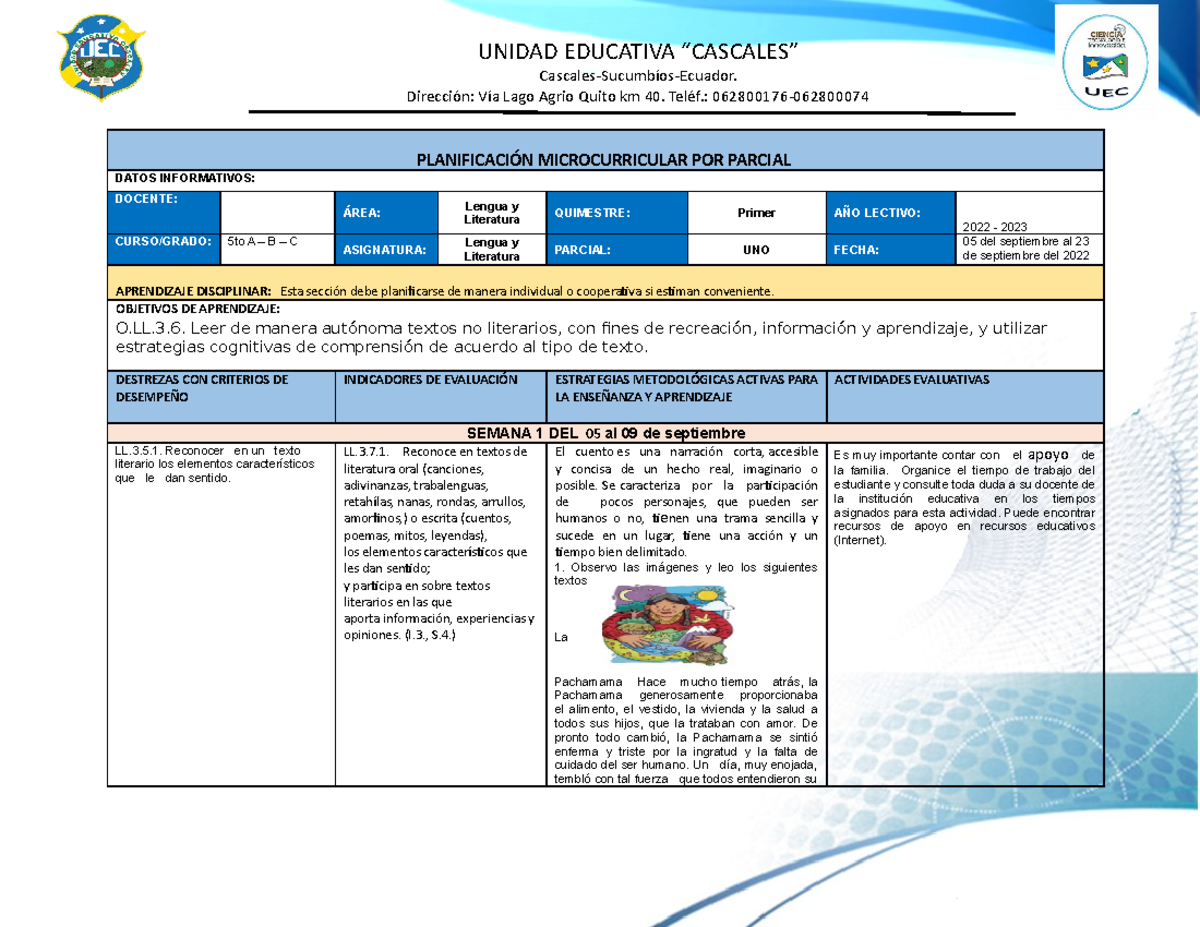 Planificación Microcurricular P1 Q1 Lengua Y Literatura - PLANIFICACIÓN ...