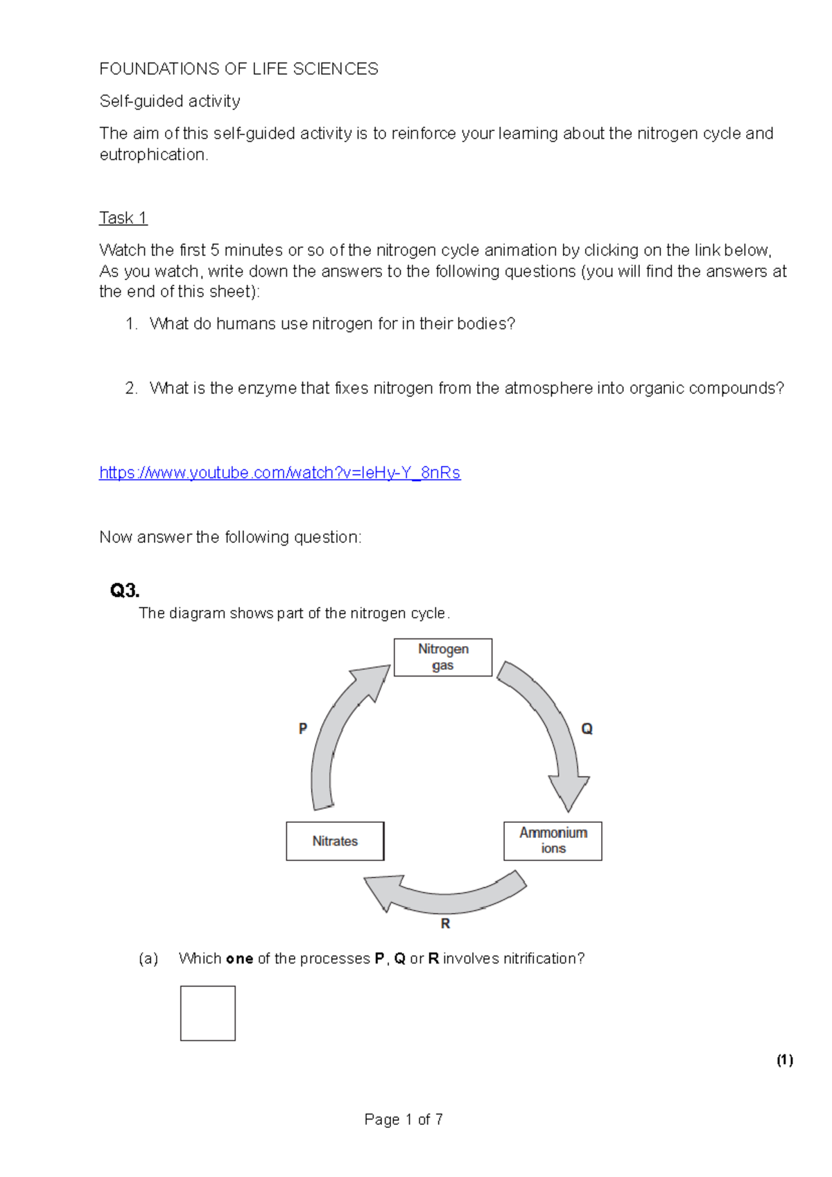 Nitrogen Cycle - Task 1 Watch The First 5 Minutes Or So Of The Nitrogen 