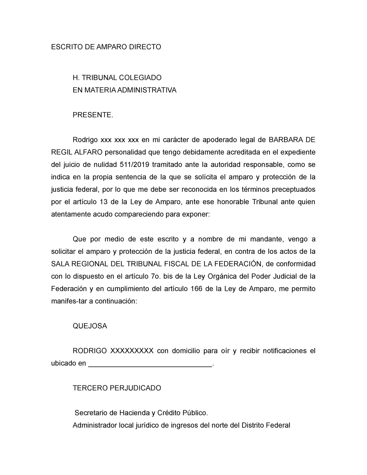 DEMANDA AMPARO DIRECTO - ESCRITO DE AMPARO DIRECTO H. TRIBUNAL ...