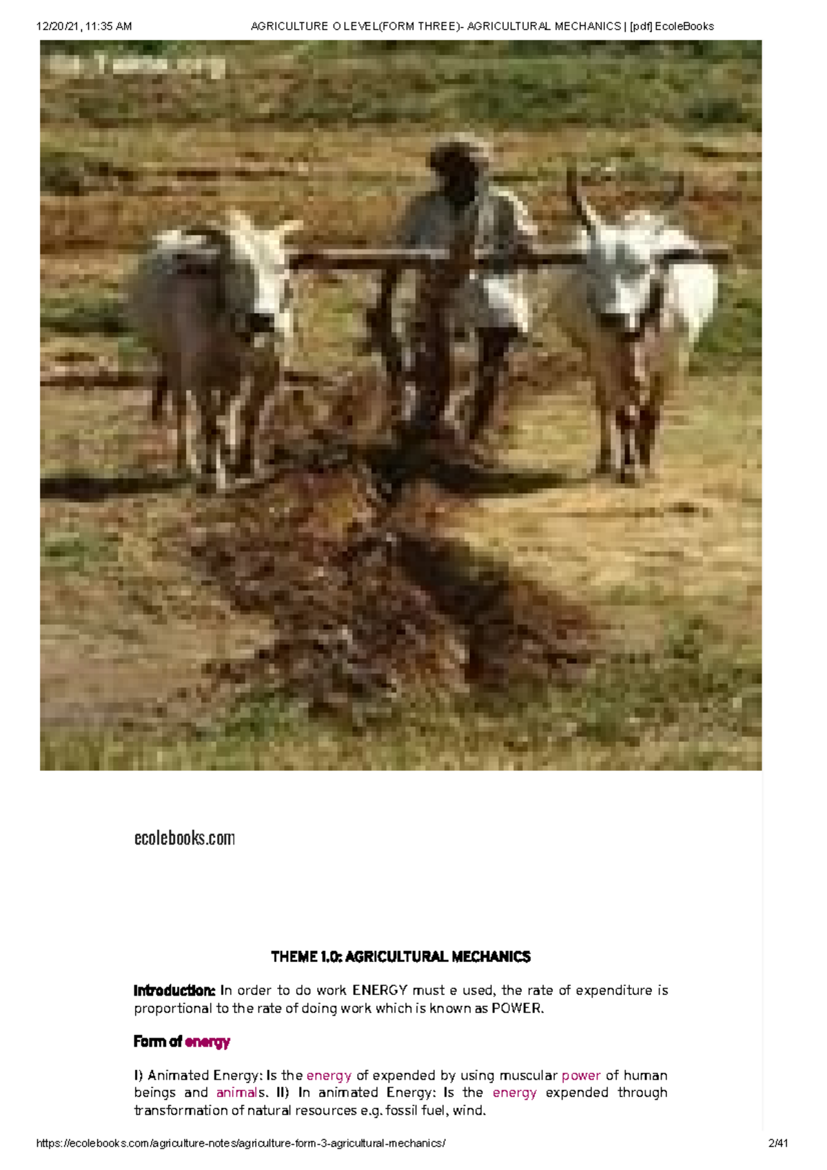 Agriculture Agricultural Mechanics ecolebooks THEME 1 AGRICULTURAL