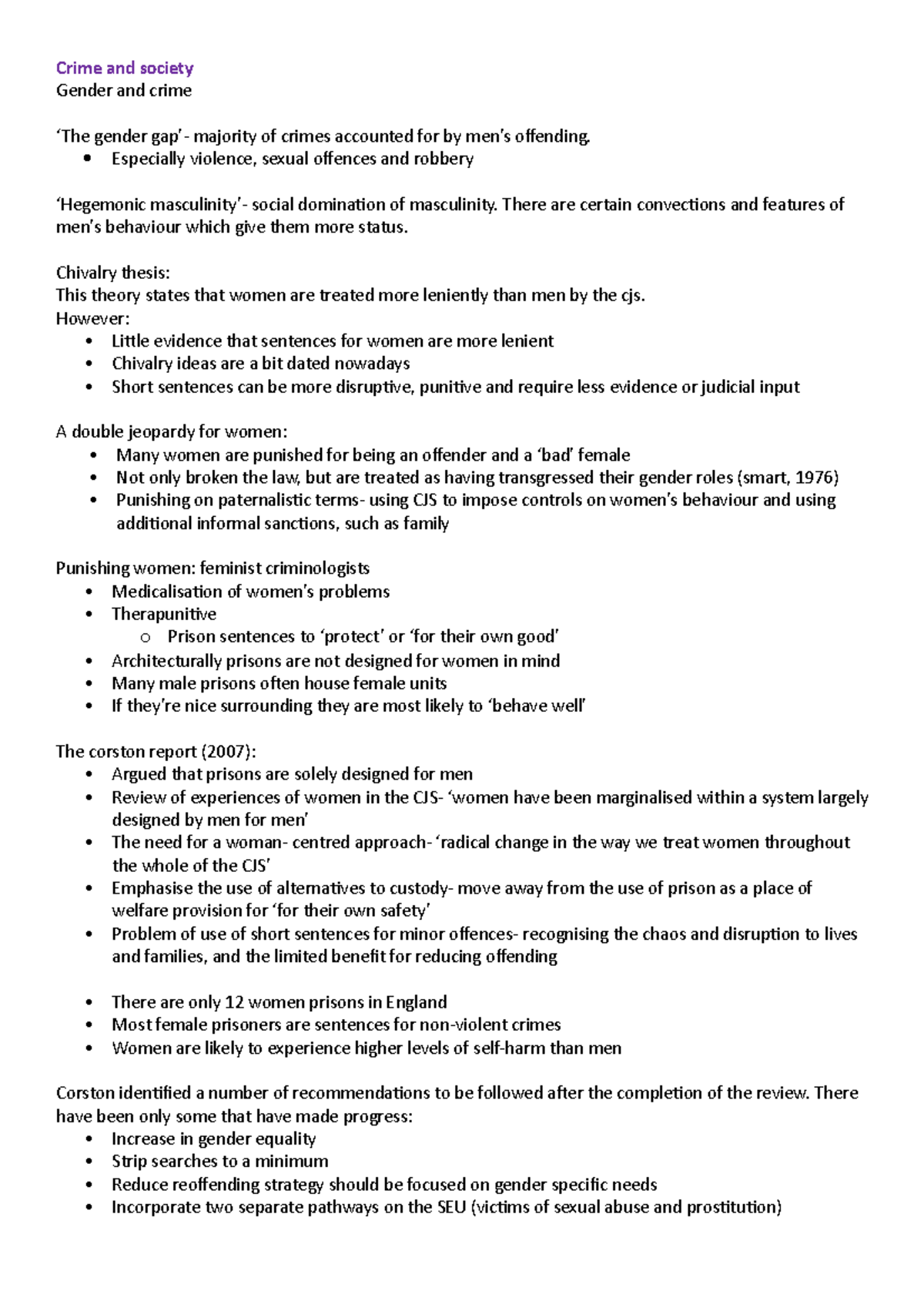 W4 gender and crime notes - Crime and society Gender and crime ‘The ...