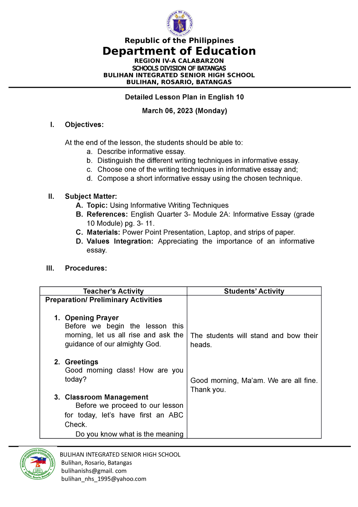 compose an informative essay lesson plan grade 8