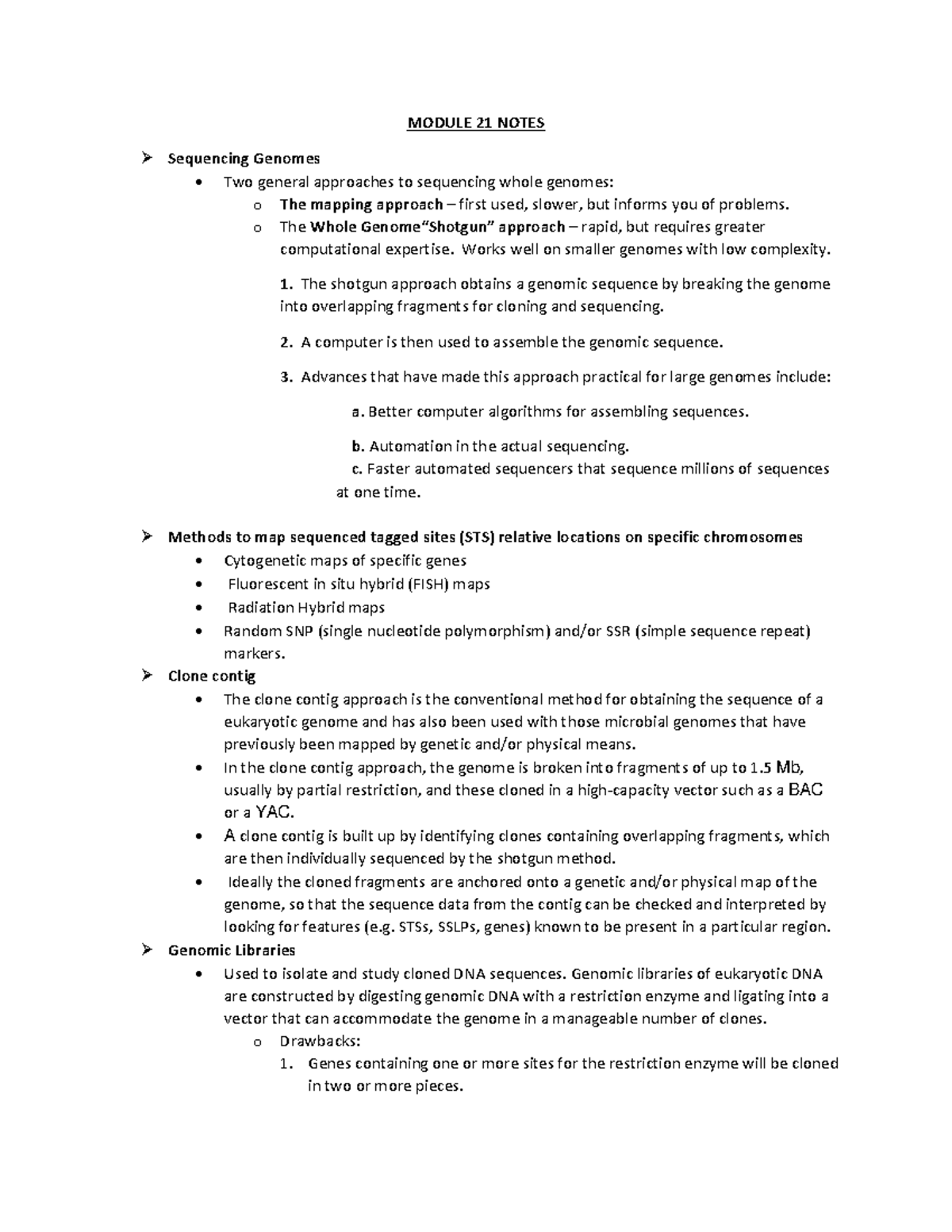 Module 21 Notes - MODULE 21 NOTES Sequencing Genomes Two general ...