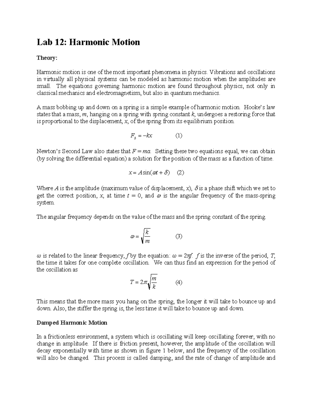 Lab 12 Harmonic Motion Lab 12 Harmonic Motion Theory Harmonic