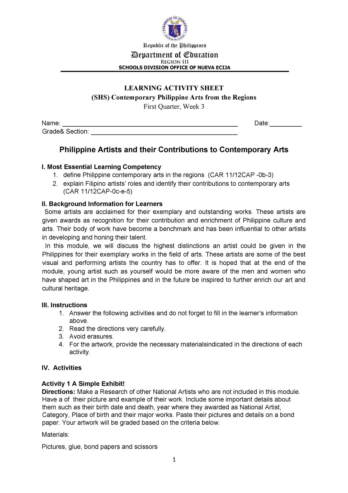 Cpar Las Week 3 - Cpar Las - LEARNING ACTIVITY SHEET (SHS) Contemporary ...