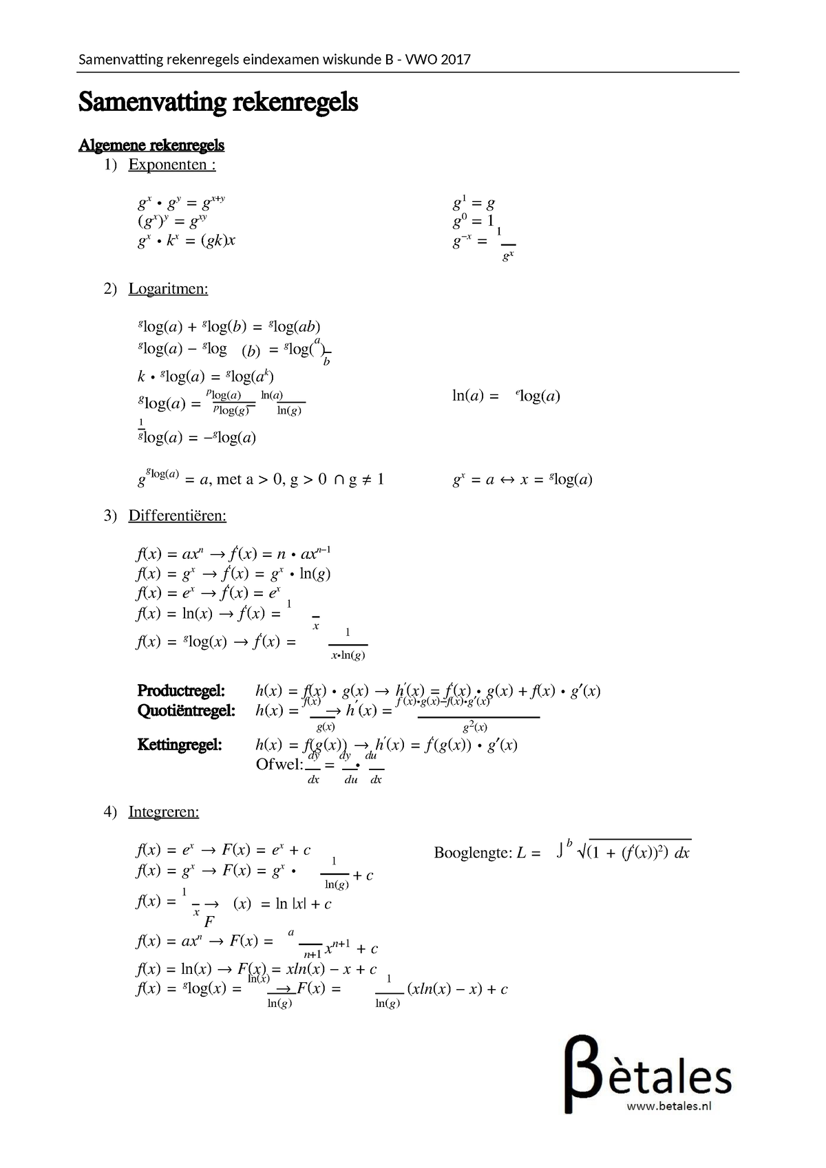 Samenvatting Regels Wis B - ∫ 𝑎 Samenvatting Rekenregels Algemene ...