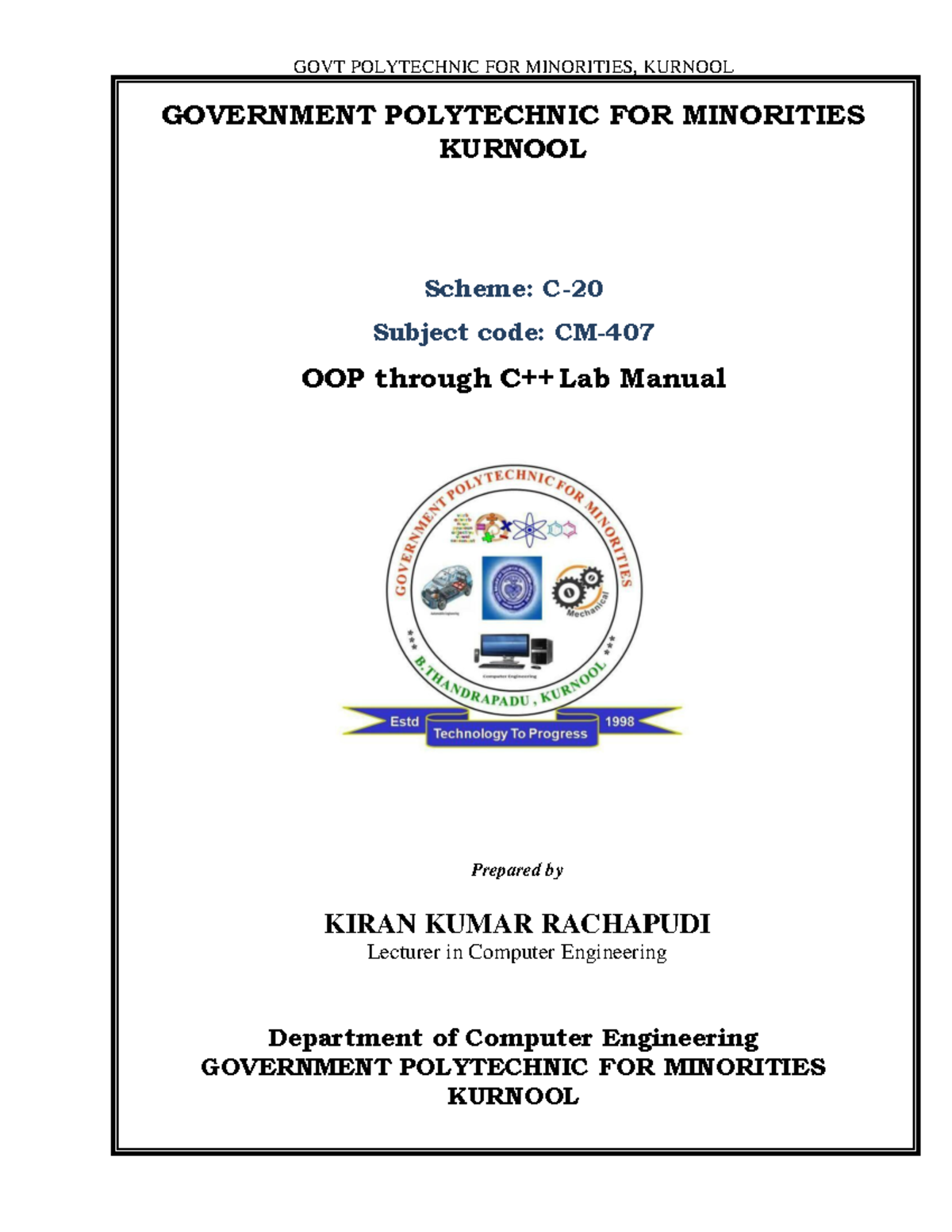 C++ LAB Manual - c++ notes - GOVERNMENT POLYTECHNIC FOR MINORITIES ...