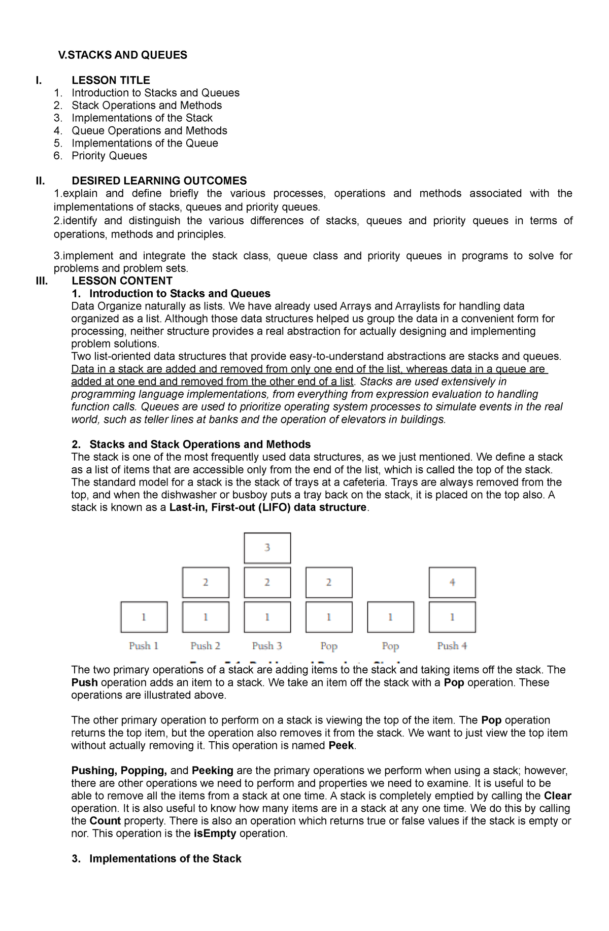 Data Structures and Algorithms IM3 - V AND QUEUES I. LESSON TITLE ...