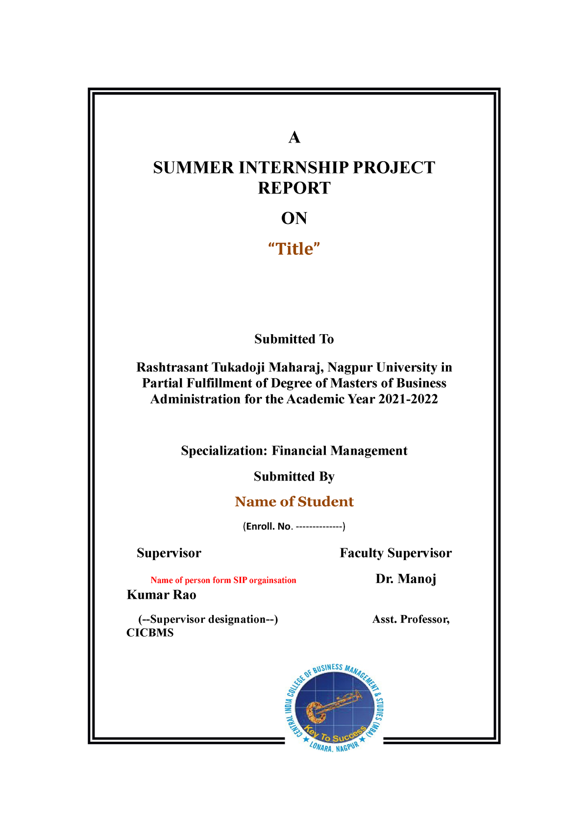 Summer Internship Project format A SUMMER INTERNSHIP PROJECT REPORT