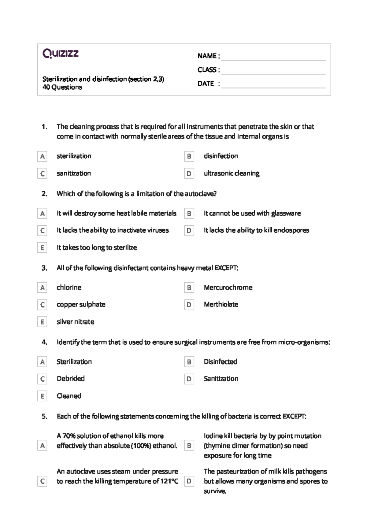 Quizzz of Disinfection And Steralization (section 2,3) Sterilization