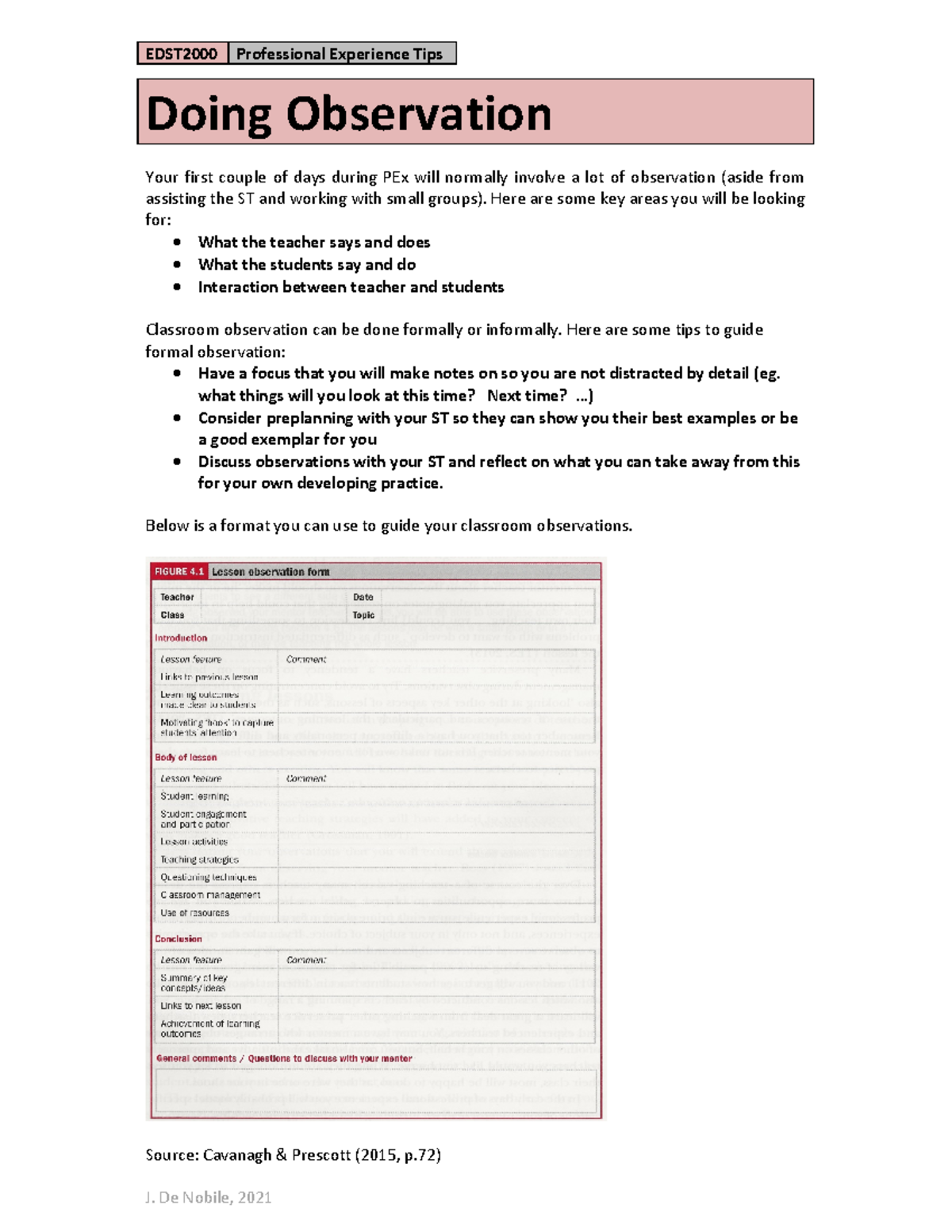 EDST2000 PEXTips Doing Observation - EDST2000 Professional Experience ...