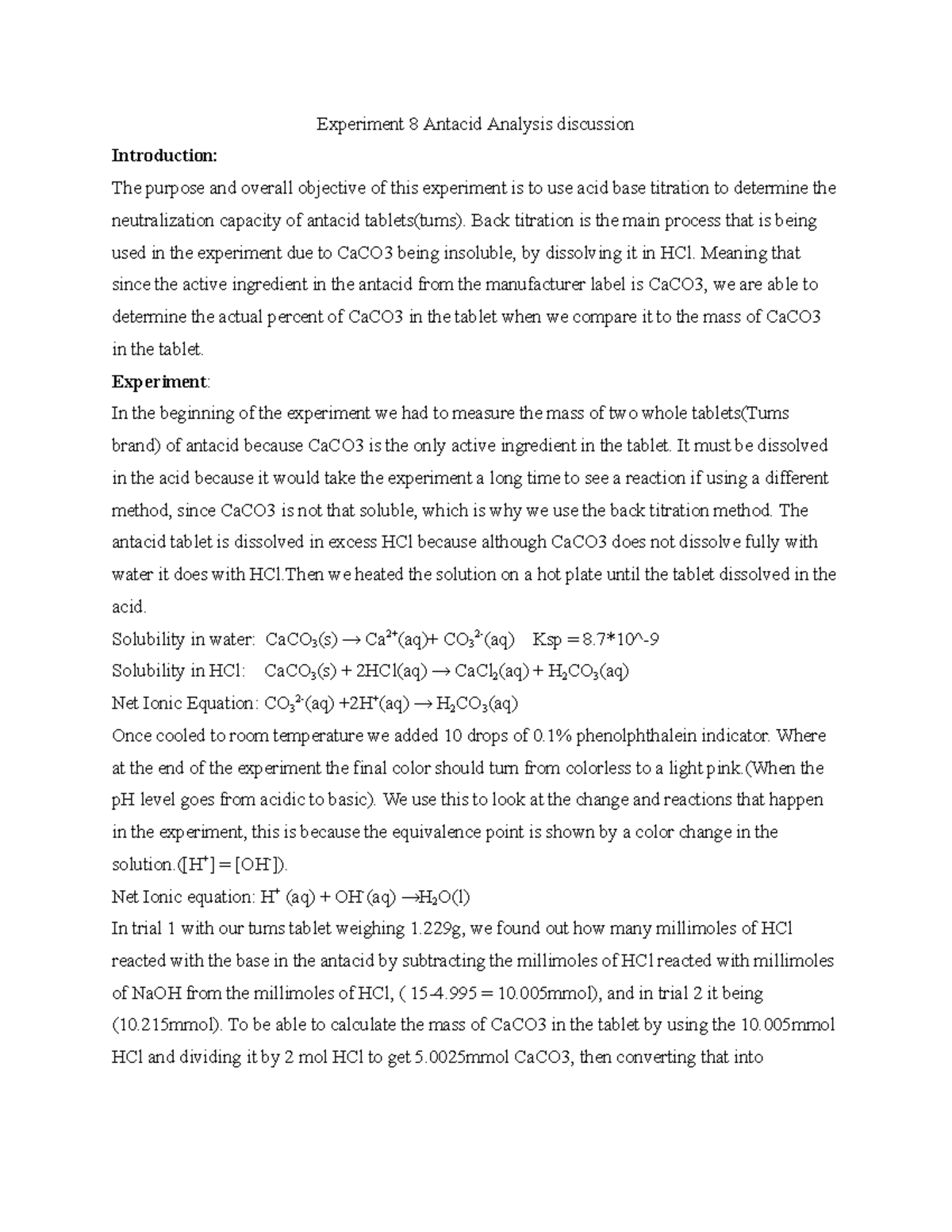 Exp Lab report Experiment 8 Antacid Analysis discussion