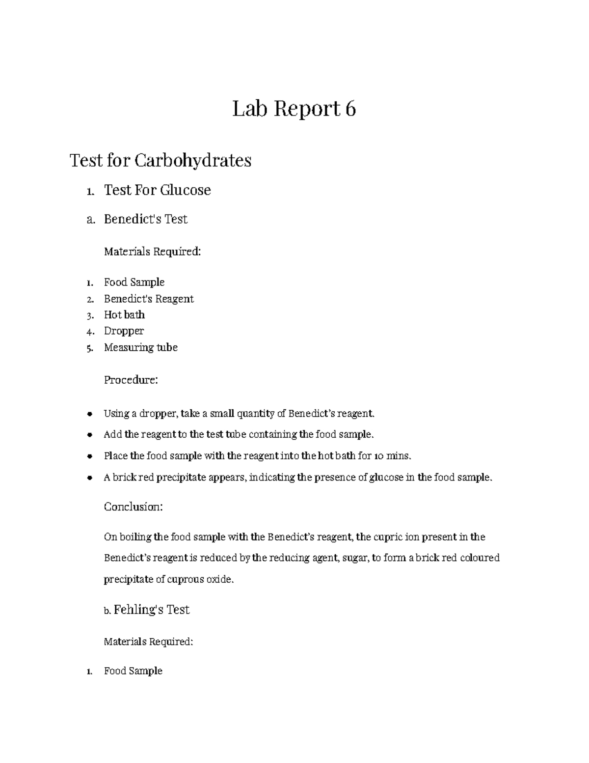Lab Report for carbohydrates Lab Report 6 Test for Carbohydrates 1
