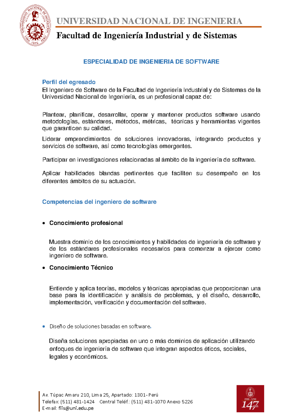 Perfil ING Software FIIS 2023 - UNIVERSIDAD NACIONAL DE INGENIERIA ...
