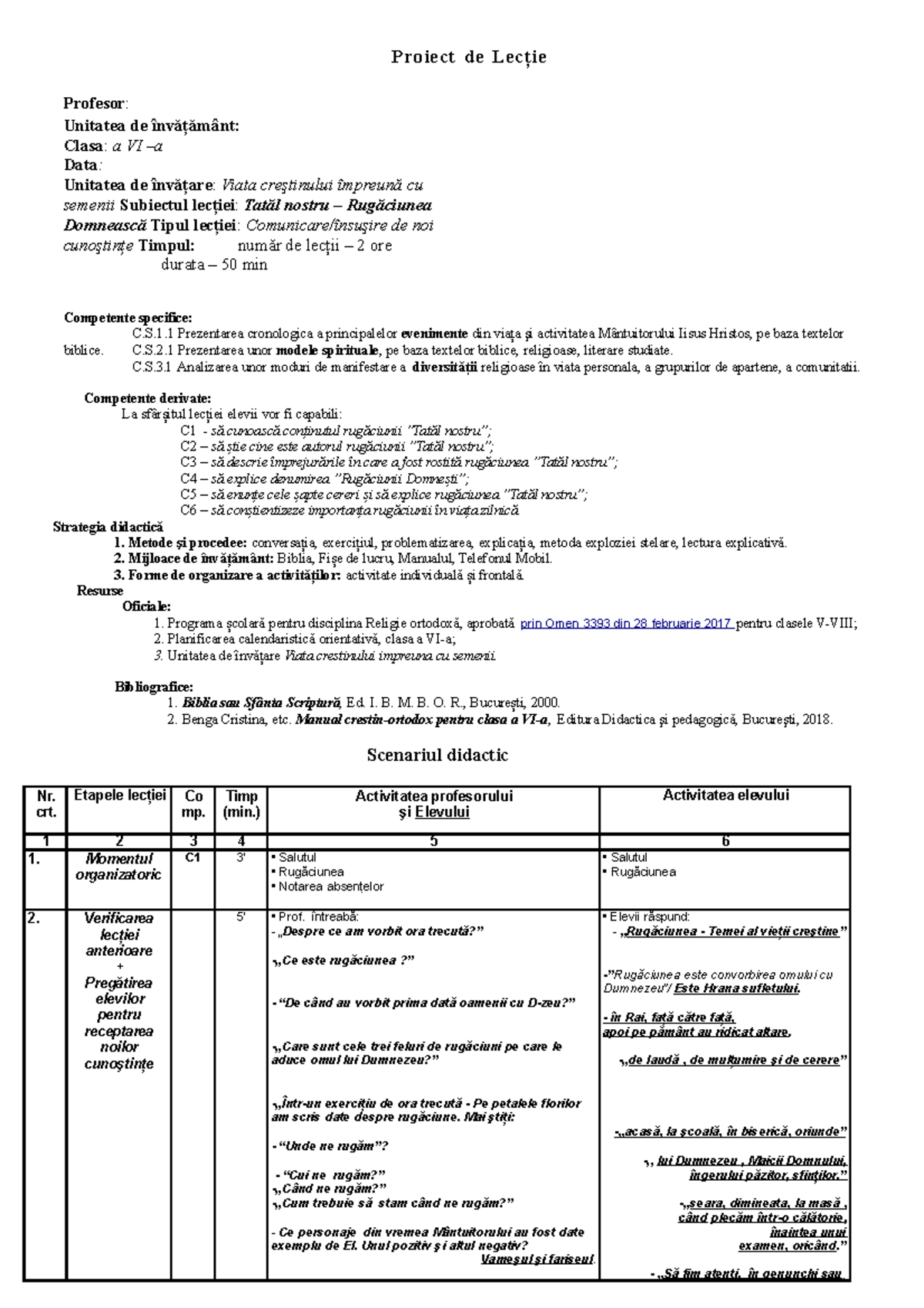 Proiect de lecie clasa a vi a rugaciunea domneasca - Proiect de Lecţie ...