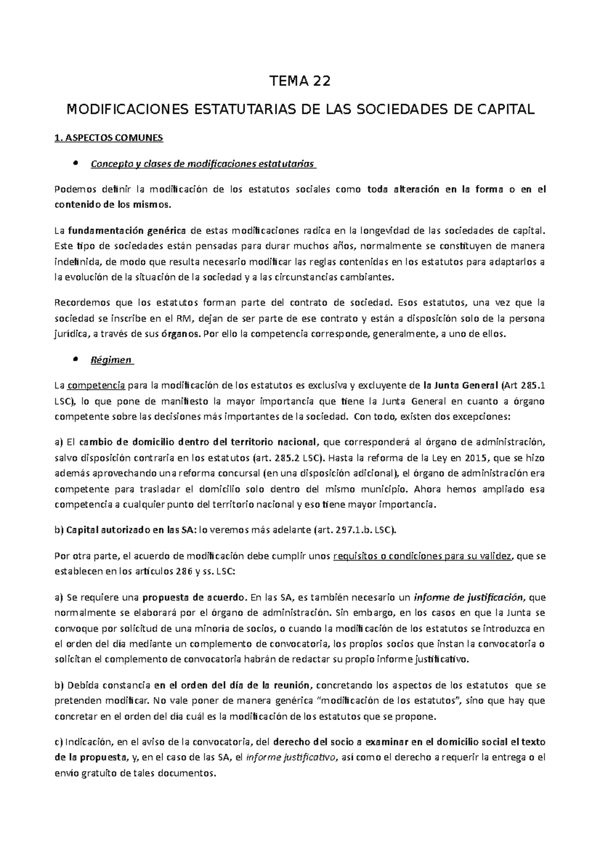 TEMA 22 Mercantil - TEMA 22 MODIFICACIONES ESTATUTARIAS DE LAS ...