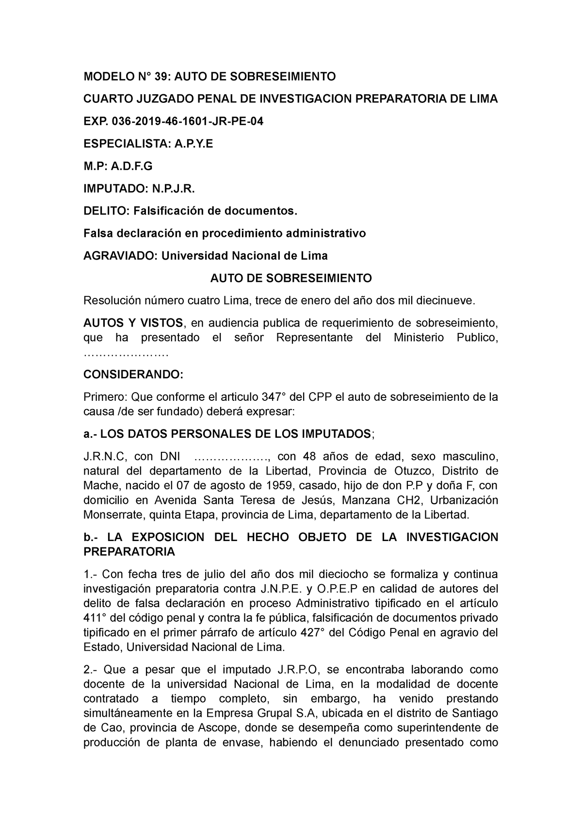 39 Modelo De Sobreseimiento Modelo N° 39 Auto De Sobreseimiento Cuarto Juzgado Penal De 9838