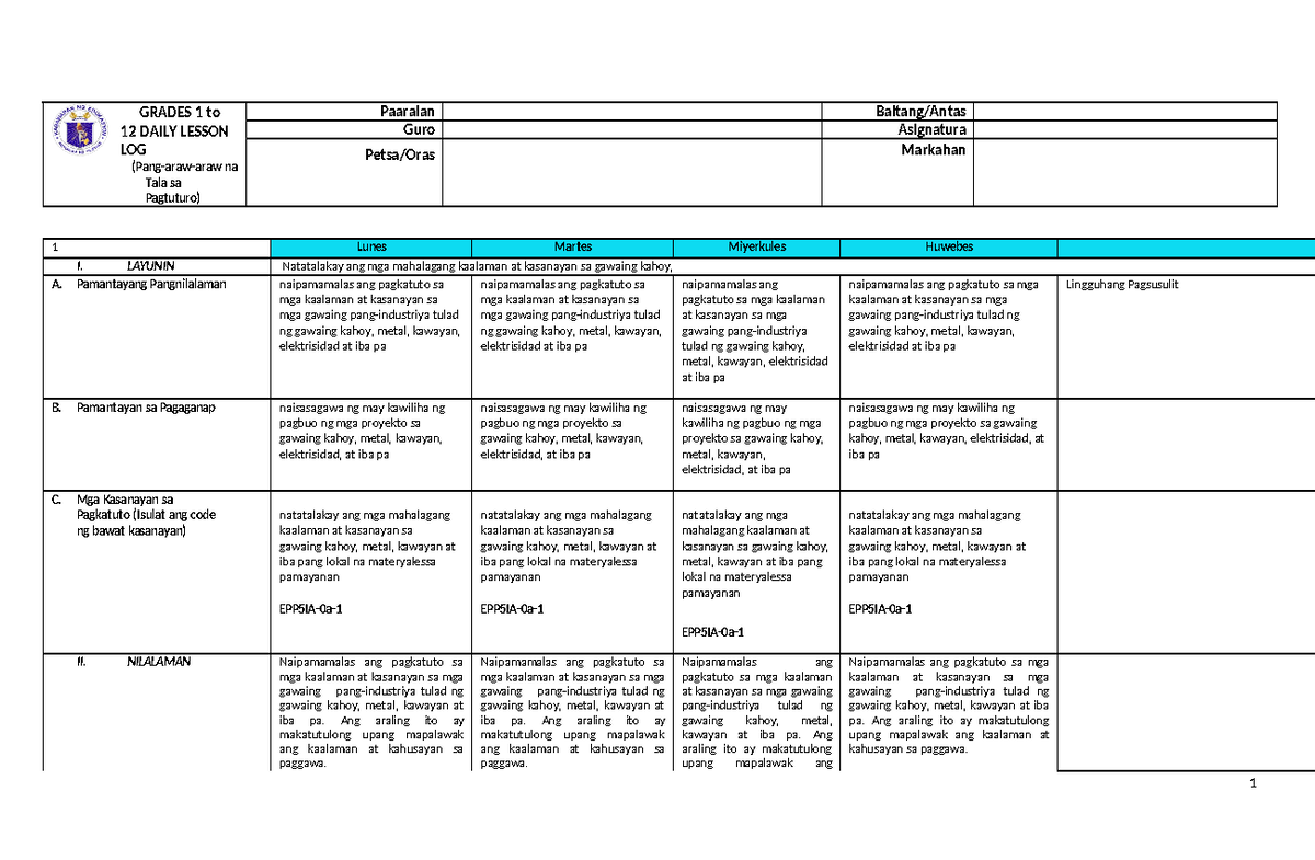 Grade 5 epp industrial arts dll whole year grade 5 GRADES 1 to 12
