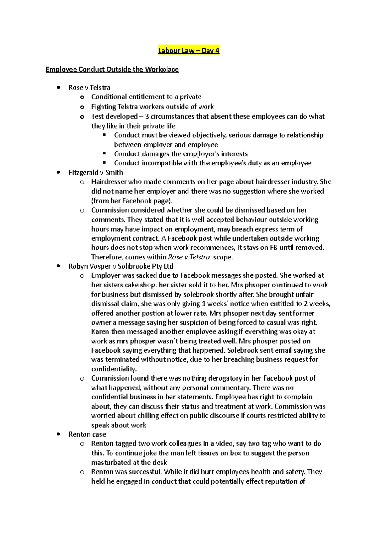 Labour Law - Lecture Notes - Labour Law – Day 4 Employee Conduct ...