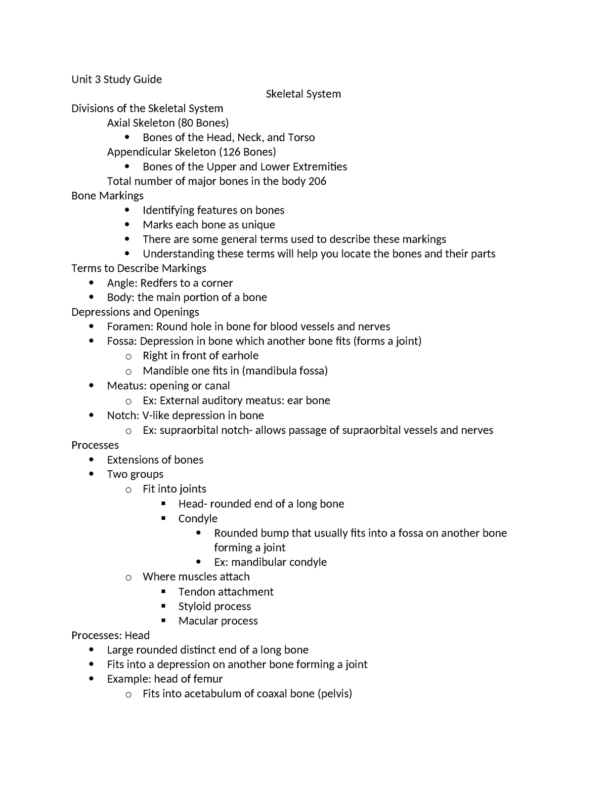 Unit 3 Study Guide - Unit 3 Study Guide Skeletal System Divisions Of 