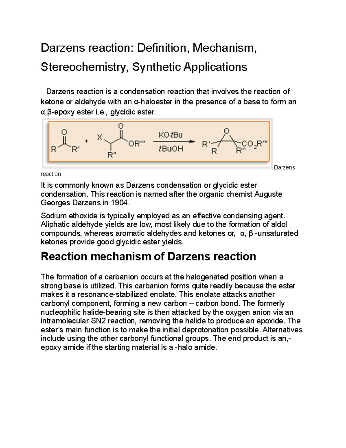 Darzens reaction Definition, Mechanism, Stereochemistry, Synthetic