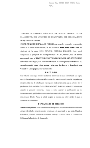 Excusa inasistencia a audiencia penal 2 - Causa No. 09010-2019-00181 Sala  “A”. TRIBUNAL DE SENTENCIA - Studocu