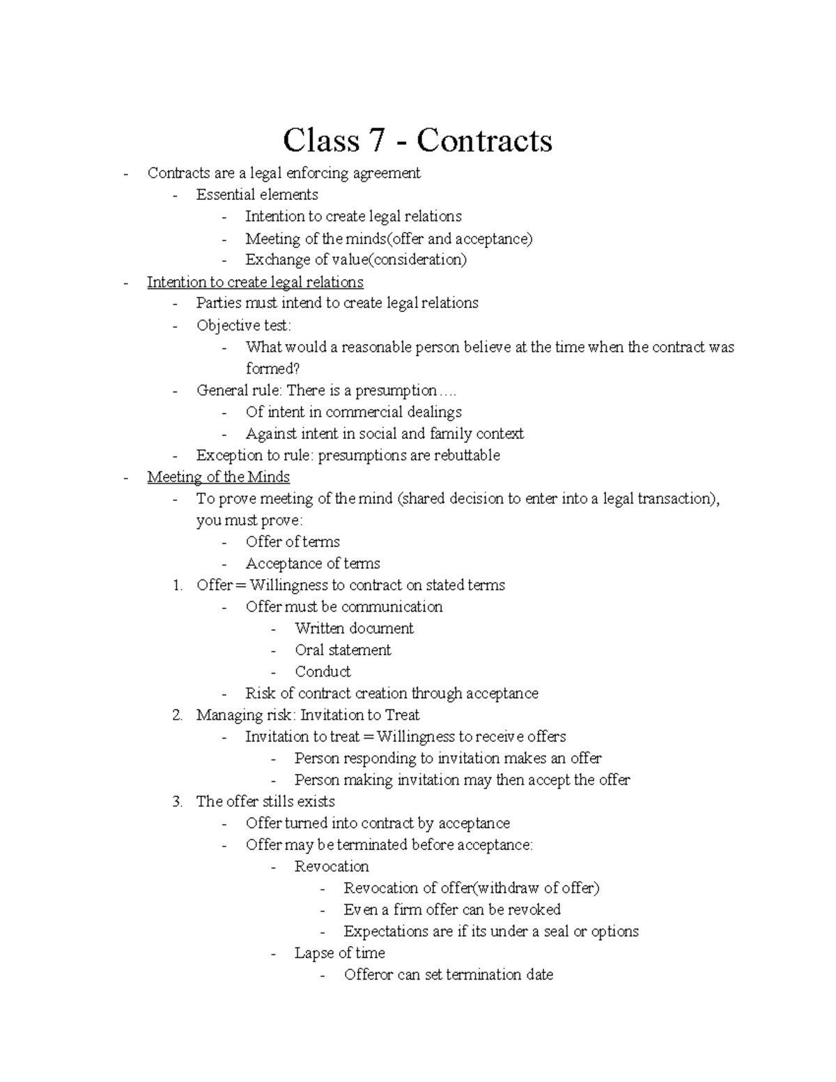Law122 Final exam study - Class 7 - Contracts - Contracts are a legal ...