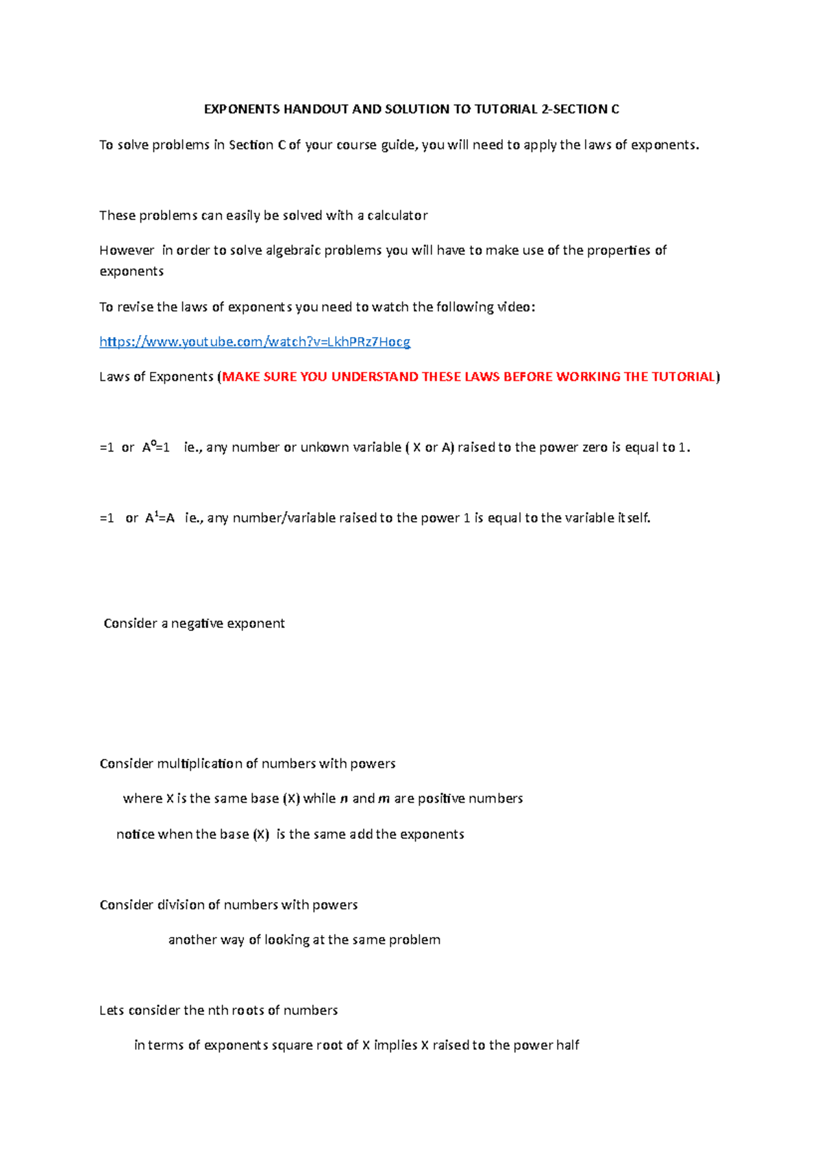 Notes and Solutions to Tutorial 2 Section C - EXPONENTS HANDOUT AND ...