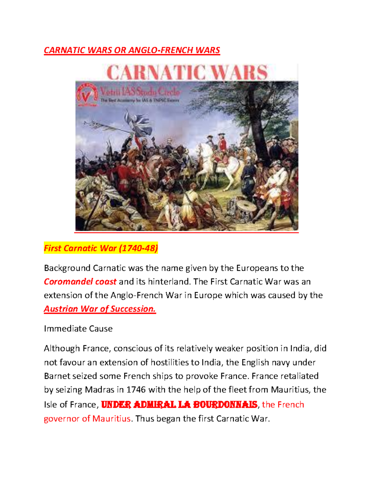 Anglo French Or Carnatic Wars Assignment CARNATIC WARS OR ANGLO