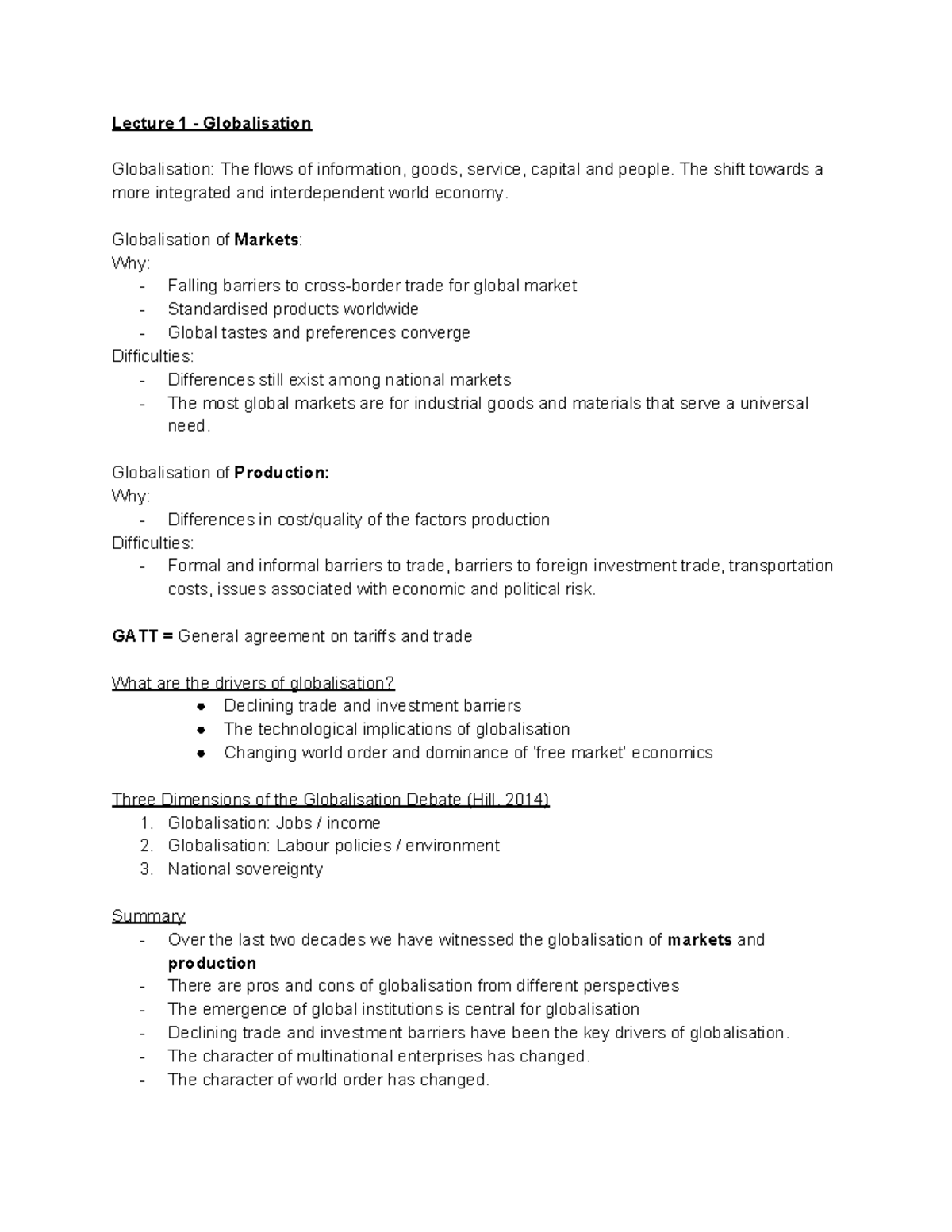 International Business Revision - Lecture 1 - Globalisation ...