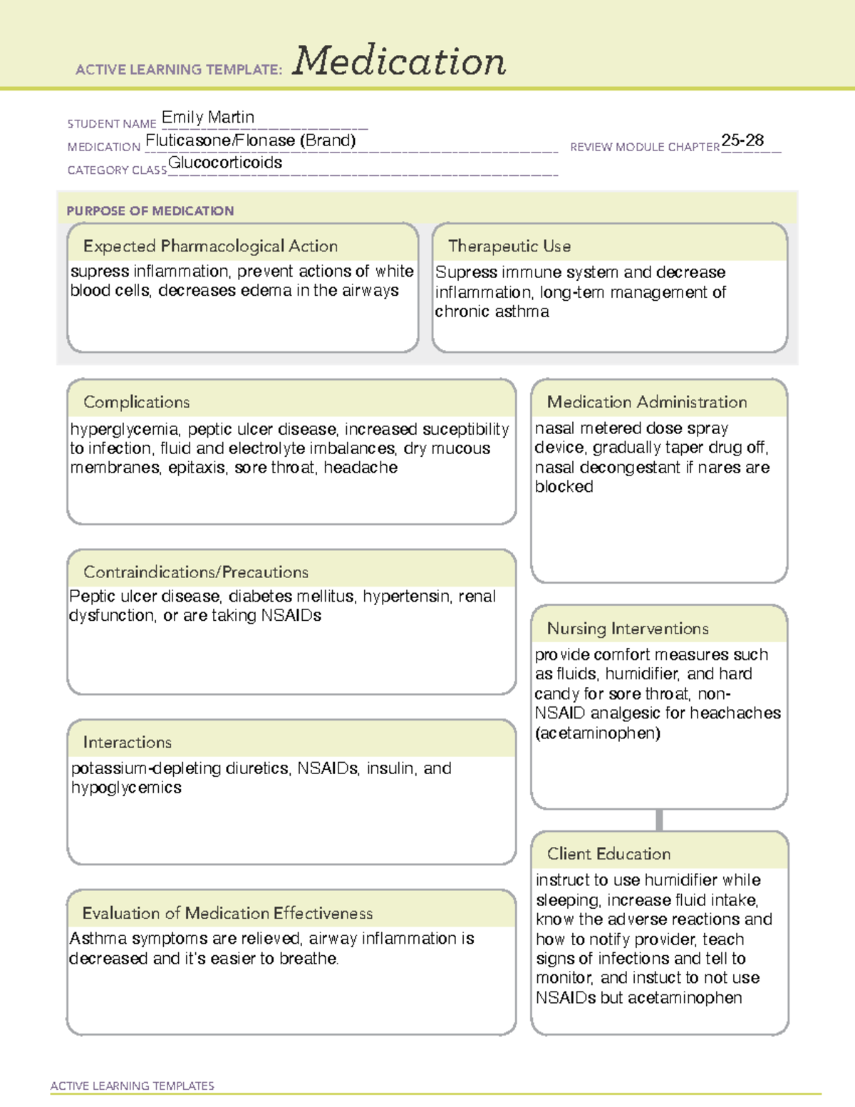 Fluticasone ACTIVE LEARNING TEMPLATES Medication STUDENT NAME Studocu