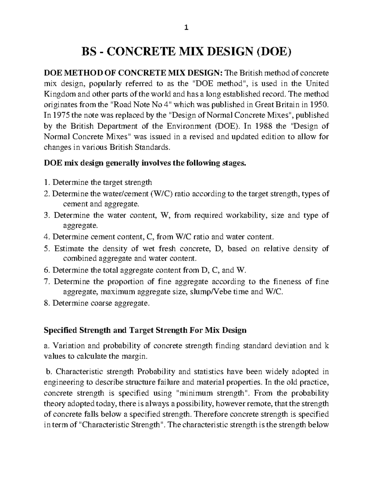 BS Concrete MIX Design DOE BS CONCRETE MIX DESIGN (DOE) DOE METHOD