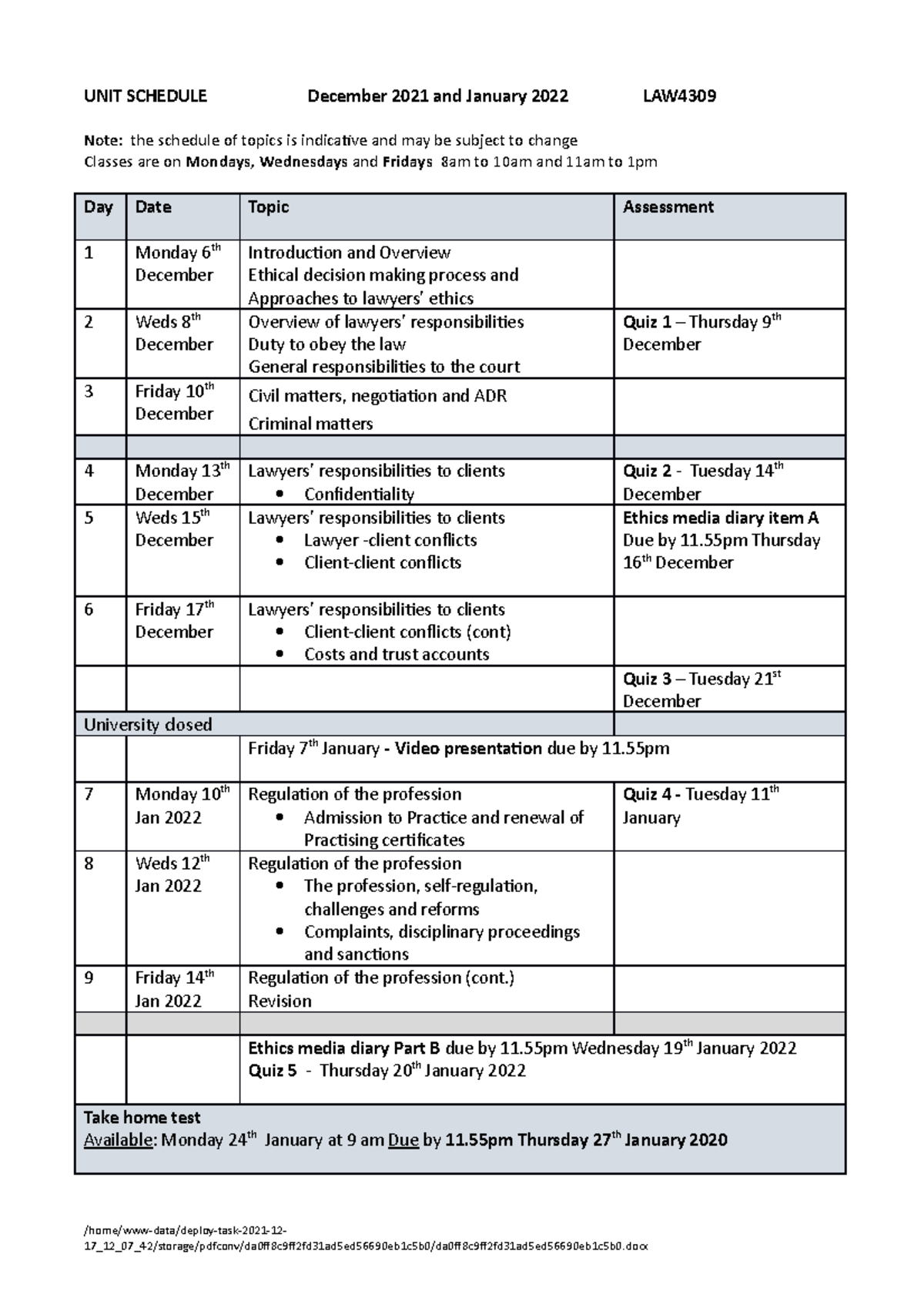 UNIT Schedule as at 16 November - for summer 2021-2022 - UNIT SCHEDULE ...