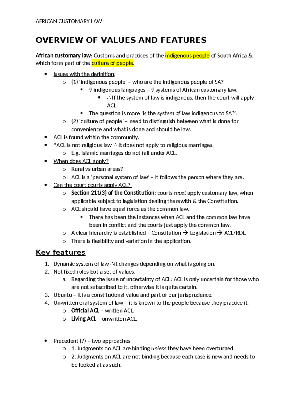 Week Notes Intro To Acl African Customary Law Overview Of Values