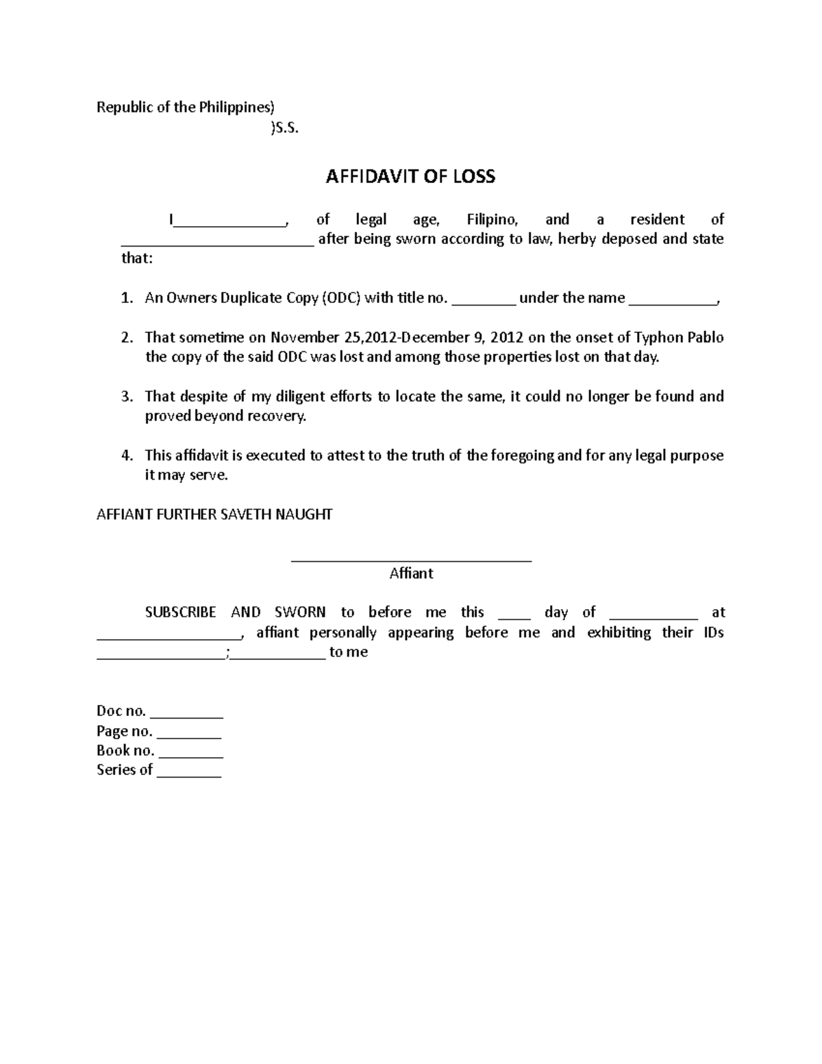 Affidavit of Loss - Republic of the Philippines) )S. AFFIDAVIT OF LOSS ...